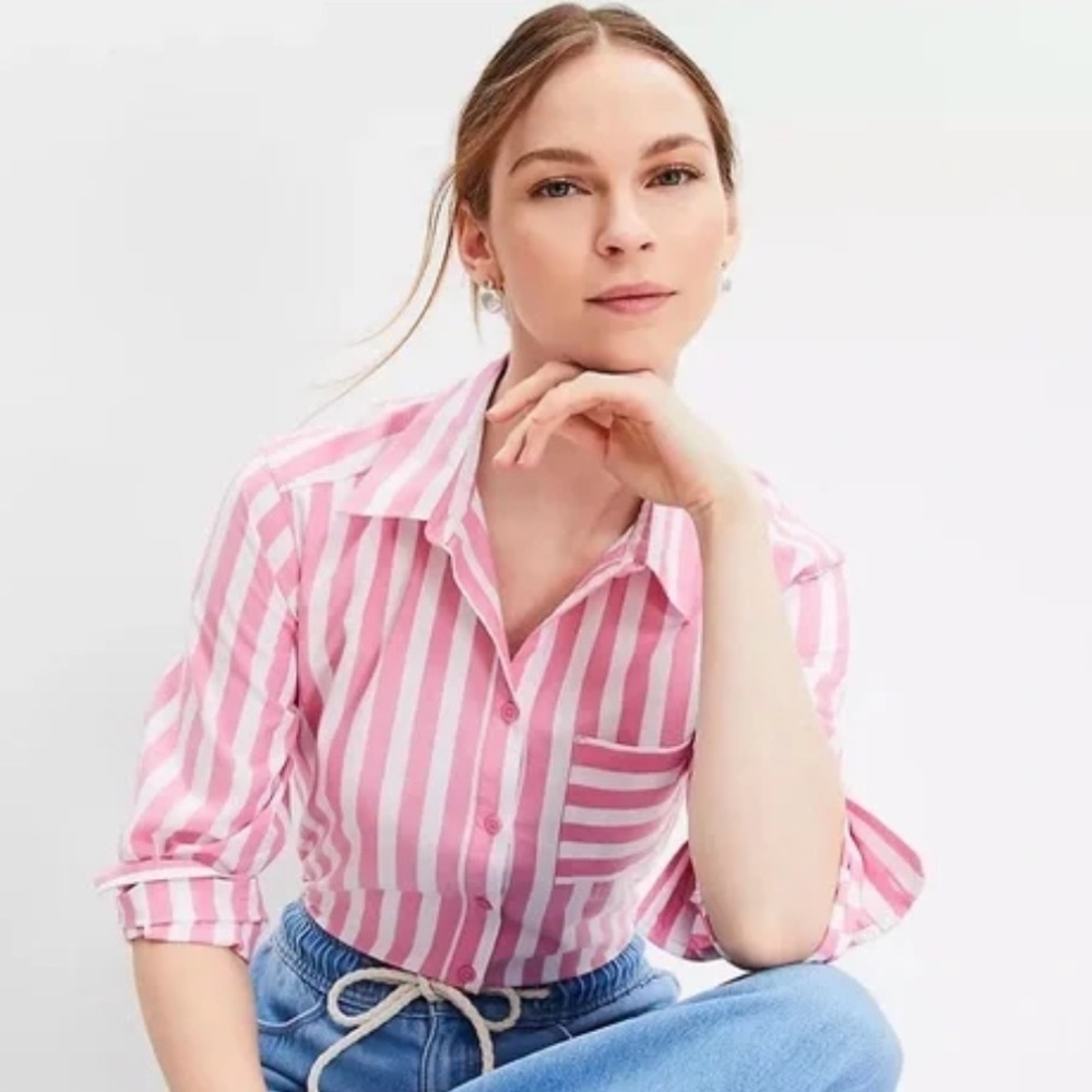 LOFT Pink Striped Poplin Oversized Button Down Shirt Women’s Size Large